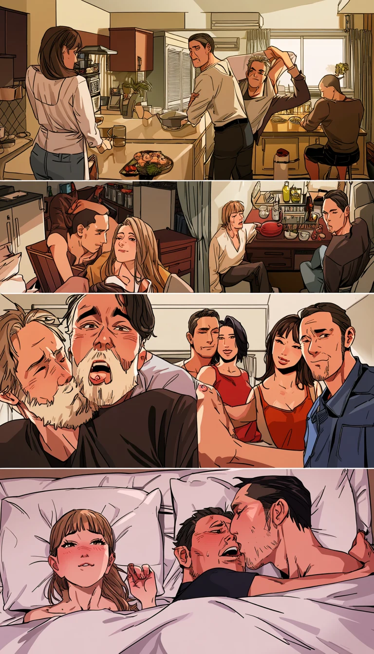 an adult married couple age 36 and 38 drawn in four stacked comic panels, moving from a heated kitchen argument to explicit reconciliation in a bedroom, adult hentai comic strip
