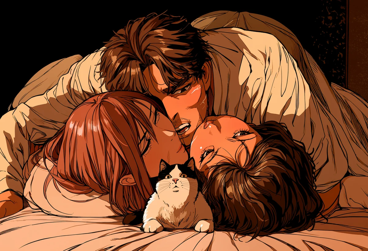 an adult couple age 35 and 33 interrupted by an unimpressed cat sitting between them, exasperated affection, rumpled sheets, adult comedy manhwa art style