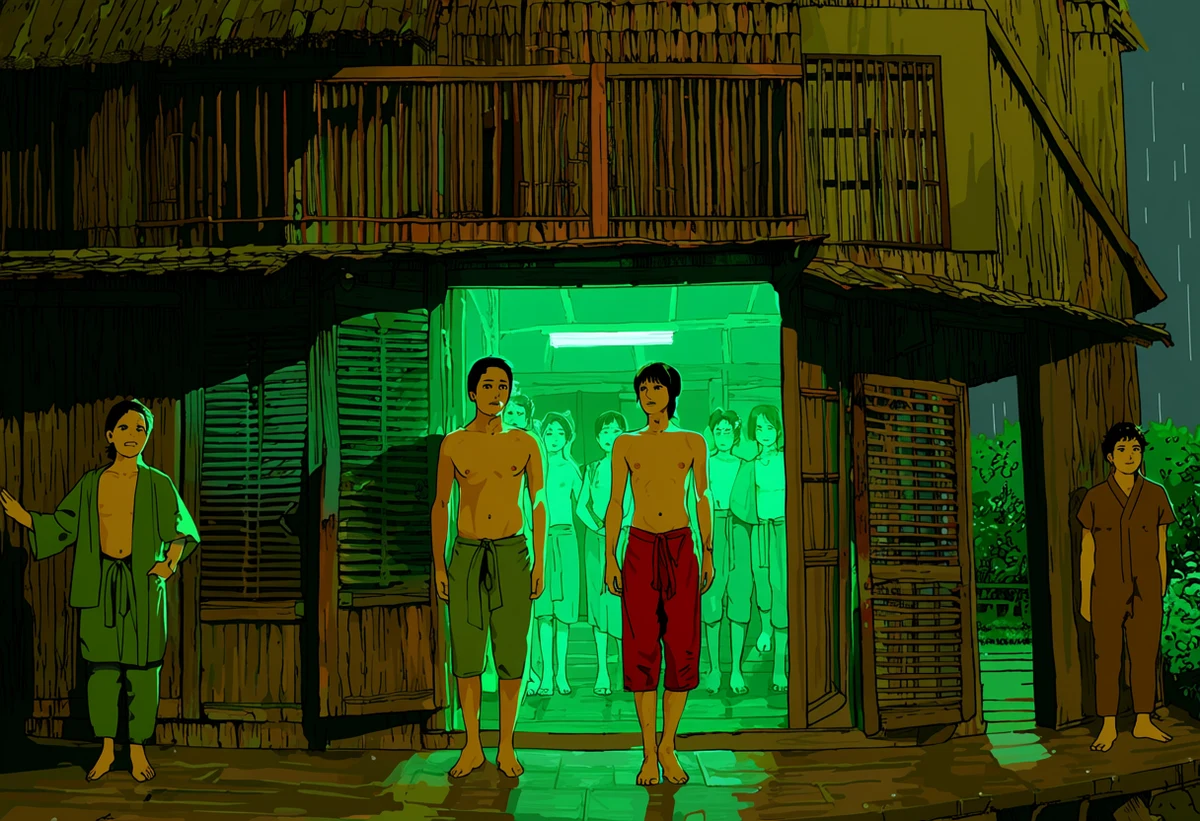 a Thai adult couple age 34 and 30 in a wooden Chiang Mai guesthouse during monsoon rain, shutters open, green light, explicit adult illustration