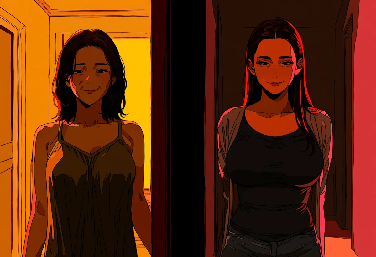 an adult character age 39 standing between two rooms lit in opposing colours, two versions of the same night, dissociative framing, adult psychological manhwa art style