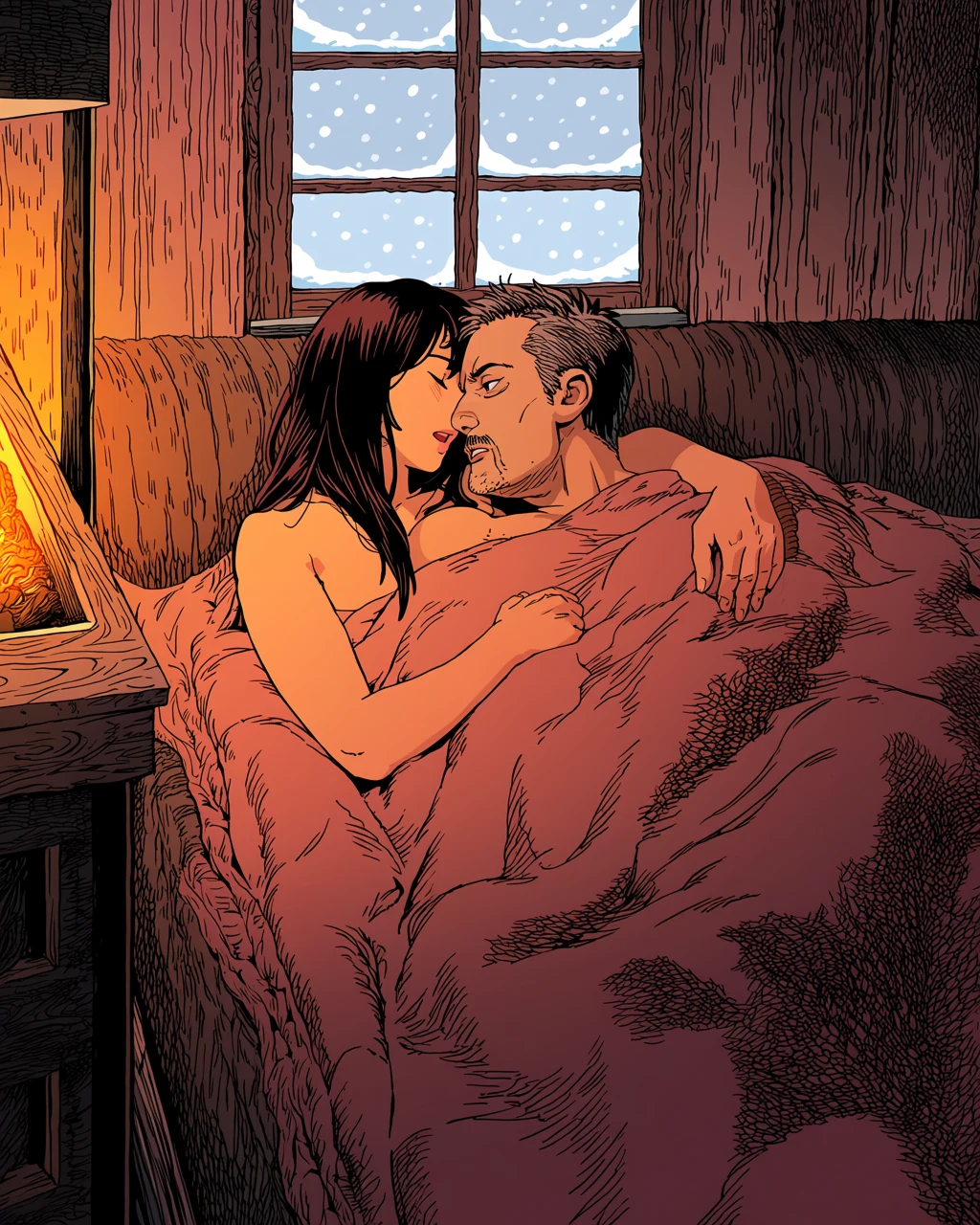 an adult couple age 50 and 47 nude under a shared blanket by a wood stove, snow at the window, unhurried mature intimacy, mature adult manhwa art style