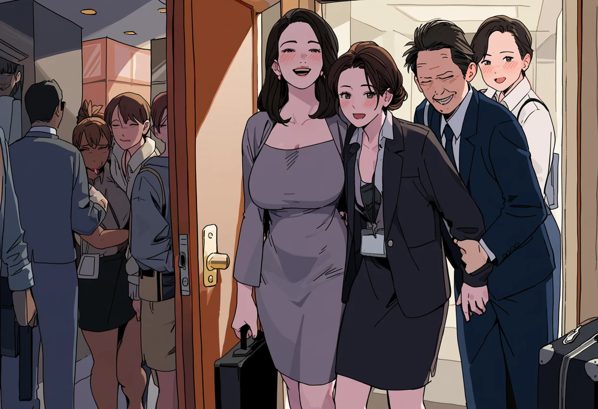 an adult couple age 32 and 34 holding each other in a hotel doorway before a departure, a suitcase forgotten, morning corridor light, erotic romance manhwa art style