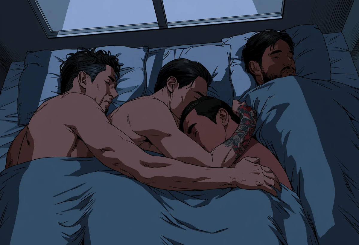 two nude adult men age 34 and 38 in bed at dawn, one asleep against the other's chest, a tattooed forearm across him, grey window light, explicit gay adult manhwa art style