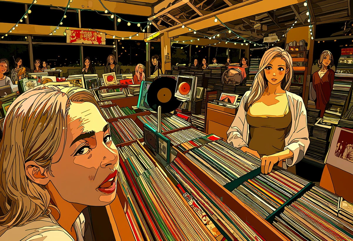 two adult women age 30 and 34 in a closed vinyl record shop at night, a record still turning, one pressed to the shelves, string lights, explicit lesbian adult manhwa art style