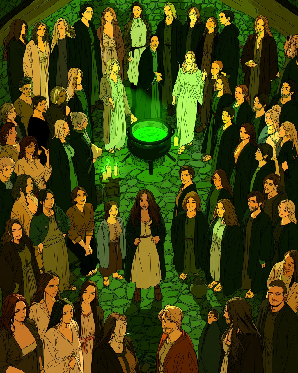 an adult witch age 33 and her adult lover in a herb-hung cottage, robes open, cauldron steam and candle rings, green firelight, adult fantasy manhwa art style